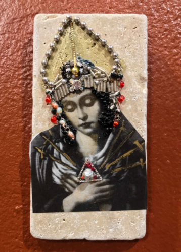 Warrior Madonna #5 | 6" x 3" | Mixed media on stone tile | 2019-2021