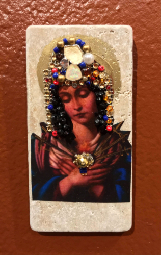 Warrior Madonna #6 | 6" x 3" | Mixed media on stone tile | 2019-2021