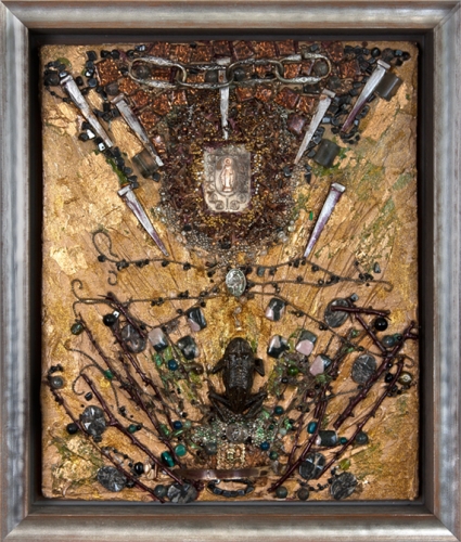 Rebirth into the Law of Ma’at | 14" x 12” |Mixed media on Wood with petrified frog