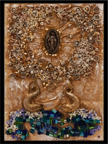 7" x 5" collages of medals, gold leaf, plaster, silver leaf, chains, dried honeycomb, crystals, found objects