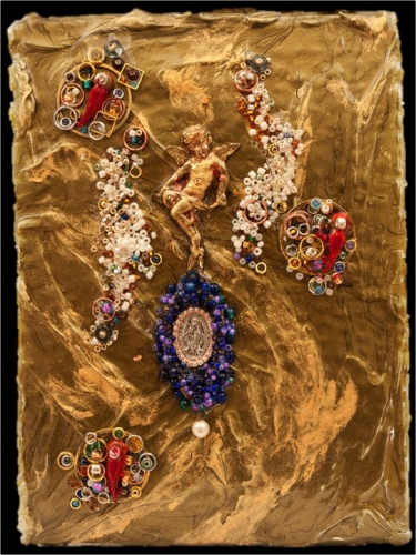 7" x 5" collages of medals, gold leaf, plaster, silver leaf, chains, dried honeycomb, crystals, found objects