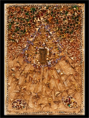 7" x 5" collages of medals, gold leaf, plaster, silver leaf, chains, dried honeycomb, crystals, found objects