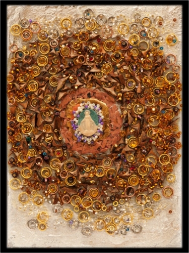 7" x 5" collages of medals, gold leaf, plaster, silver leaf, chains, dried honeycomb, crystals, found objects