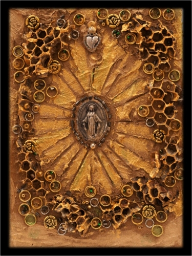 7" x 5" collages of medals, gold leaf, plaster, silver leaf, chains, dried honeycomb, crystals, found objects