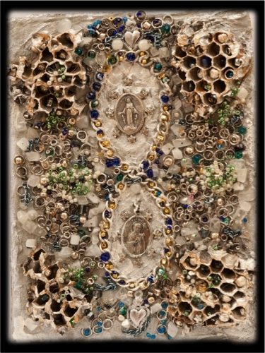 7" x 5" collages of medals, gold leaf, plaster, silver leaf, chains, dried honeycomb, crystals, found objects