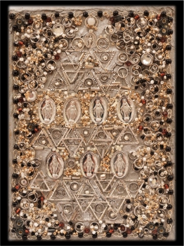 7" x 5" collages of medals, gold leaf, plaster, silver leaf, chains, dried honeycomb, crystals, found objects