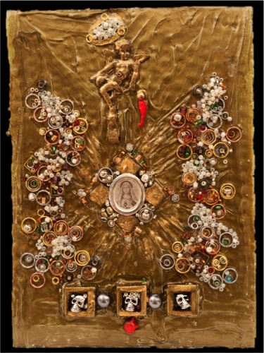 7" x 5" collages of medals, gold leaf, plaster, silver leaf, chains, dried honeycomb, crystals, found objects