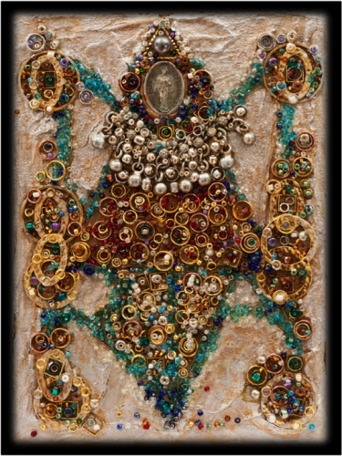 7" x 5" collages of medals, gold leaf, plaster, silver leaf, chains, dried honeycomb, crystals, found objects